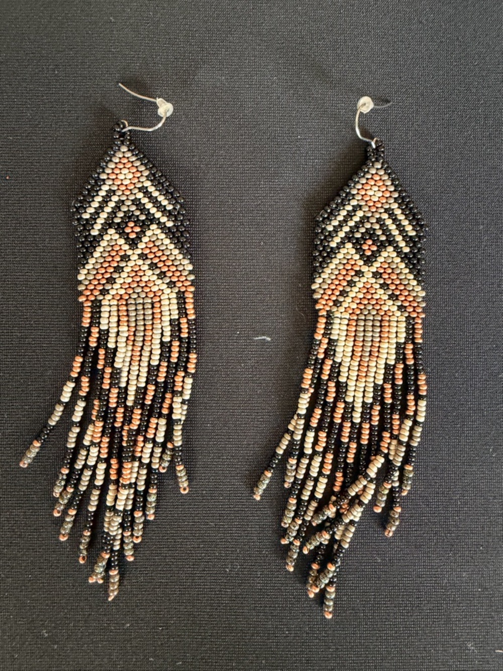 Beaded Fringe Drop Earrings - Black, Cream & Tan